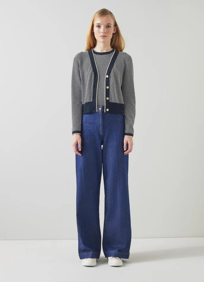 Women Knitwear LKBennett Honey Blue CottonMerino Blend Waffle Knit Cardigan Navy Ivory