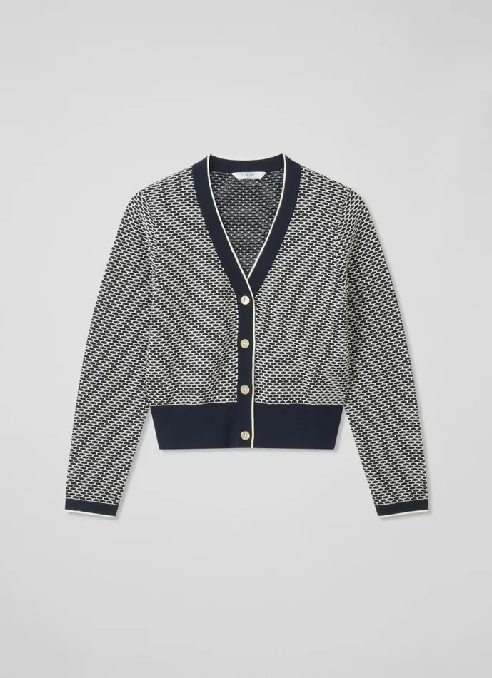 Women Knitwear LKBennett Honey Blue CottonMerino Blend Waffle Knit Cardigan Navy Ivory