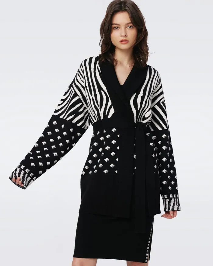 Women Lee Knit Jacquard Cardigan Zebra Ivory And Cube Dot DVF Sweaters and Knits Women Lee Knit Jacquard Cardigan Zebra Ivory And Cube Dot DVF Sweaters and Knits
