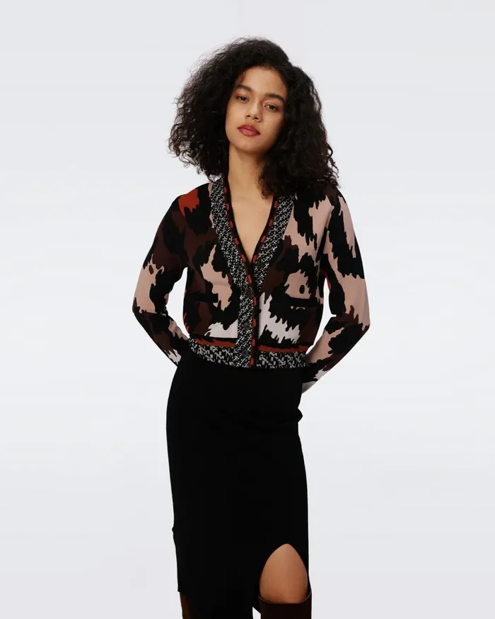 Women Midge Knit Jacquard Cardigan Huge Jungle Cat DVF Sweaters and Knits