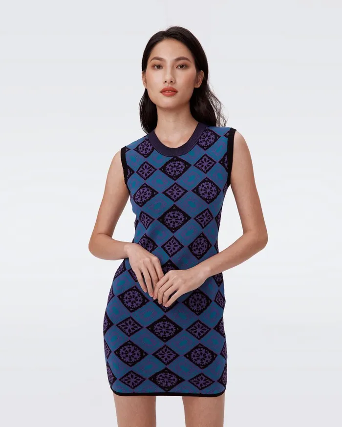 Women Mylo Knit Jacquard Dress Paper Cut Geo Blue DVF Dresses