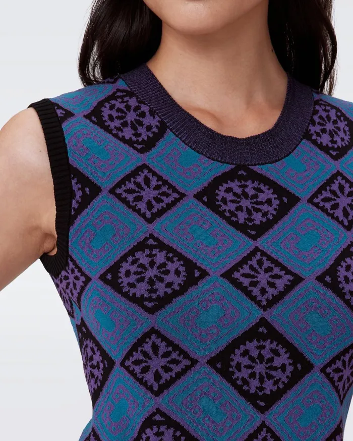 Women Mylo Knit Jacquard Dress Paper Cut Geo Blue DVF Dresses