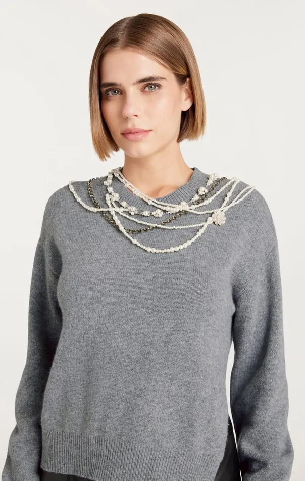 Women Necklace Lilliana Pullover Lightheathergrey Cinq Sept Long Sleeve Tops