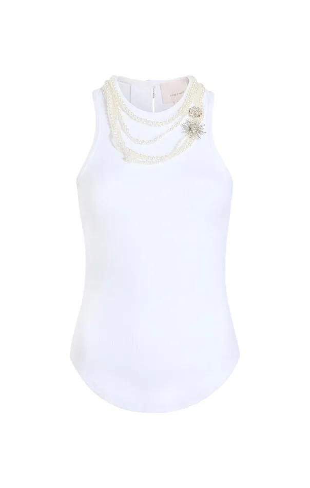 Women Pearl Chain Embellished Lizzie Tank White Cinq Sept Tank Tops and Camisoles