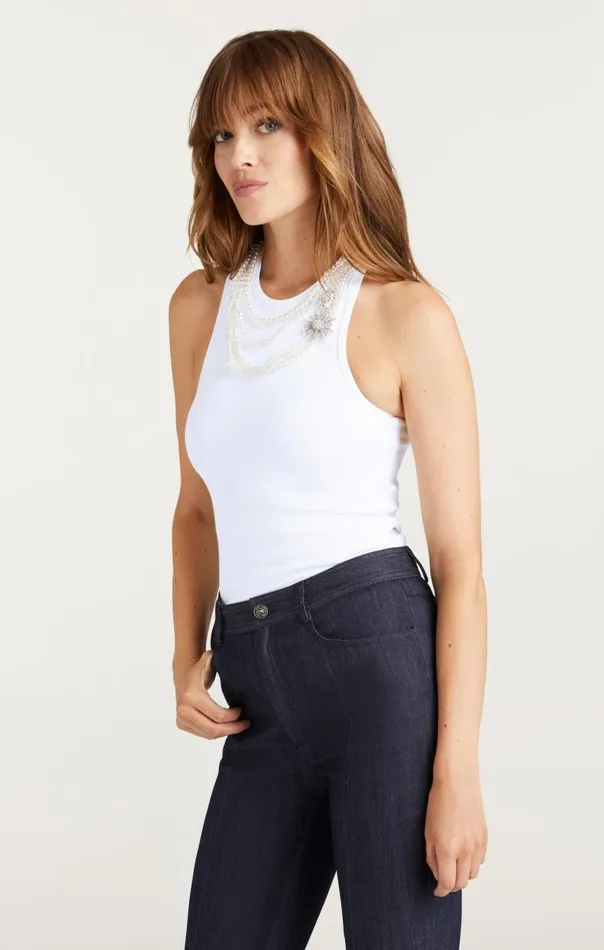 Women Pearl Chain Embellished Lizzie Tank White Cinq Sept Tank Tops and Camisoles