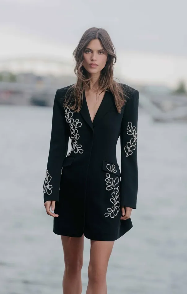 Women Rhinestone Paisley Long Sleeve Joel Dress Black Cinq Sept Cocktail and Evening