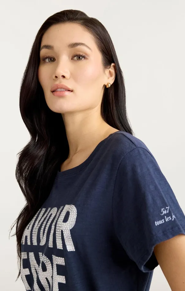 Women Rhinestone Savoir Faire Tee Navywhite Cinq Sept Tees
