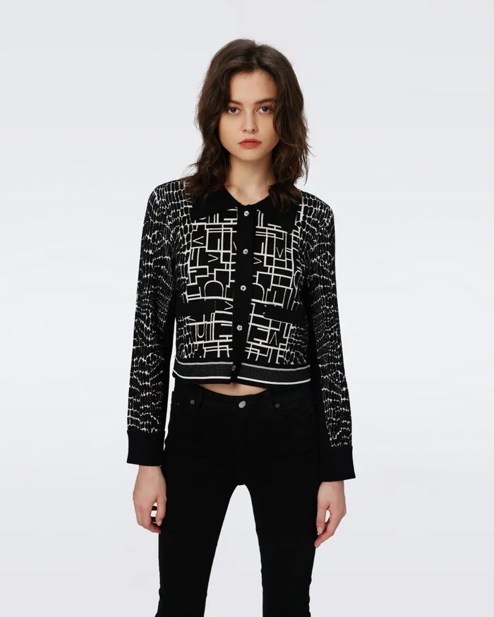 Women Riva Knit Jacquard Cardigan Dvf Logo And Leopard Black DVF Sweaters and Knits Women Riva Knit Jacquard Cardigan Dvf Logo And Leopard Black DVF Sweaters and Knits