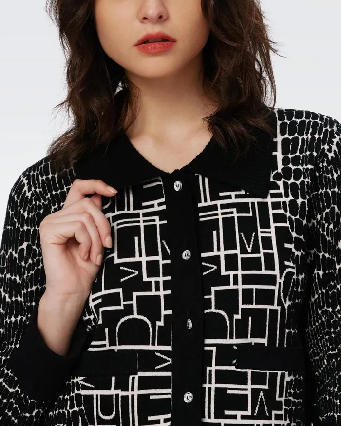 Women Riva Knit Jacquard Cardigan Dvf Logo And Leopard Black DVF Sweaters and Knits