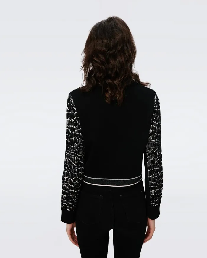 Women Riva Knit Jacquard Cardigan Dvf Logo And Leopard Black DVF Sweaters and Knits