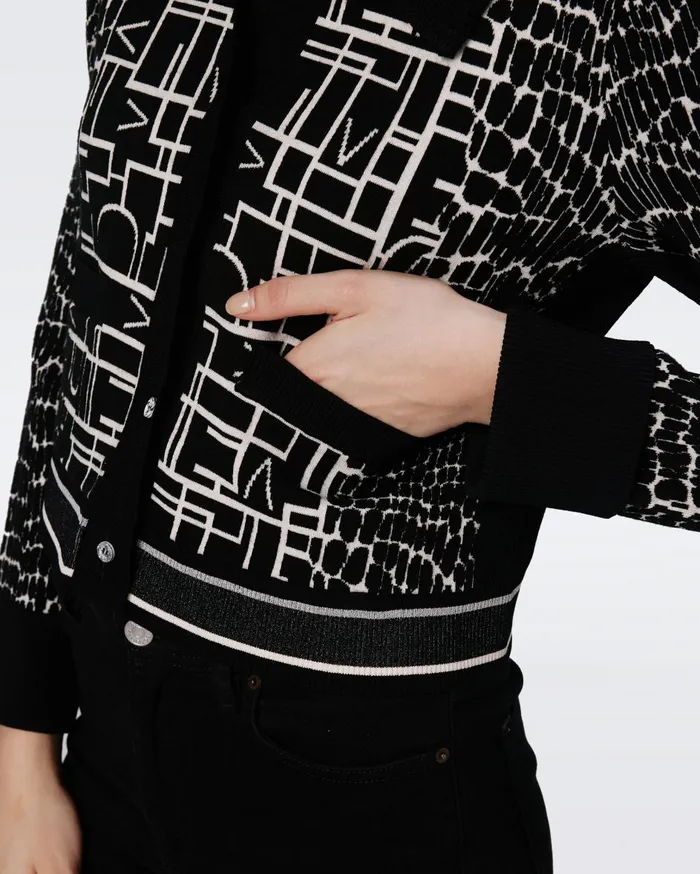 Women Riva Knit Jacquard Cardigan Dvf Logo And Leopard Black DVF Sweaters and Knits