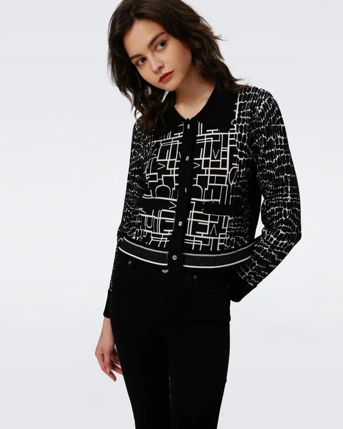 Women Riva Knit Jacquard Cardigan Dvf Logo And Leopard Black DVF Sweaters and Knits