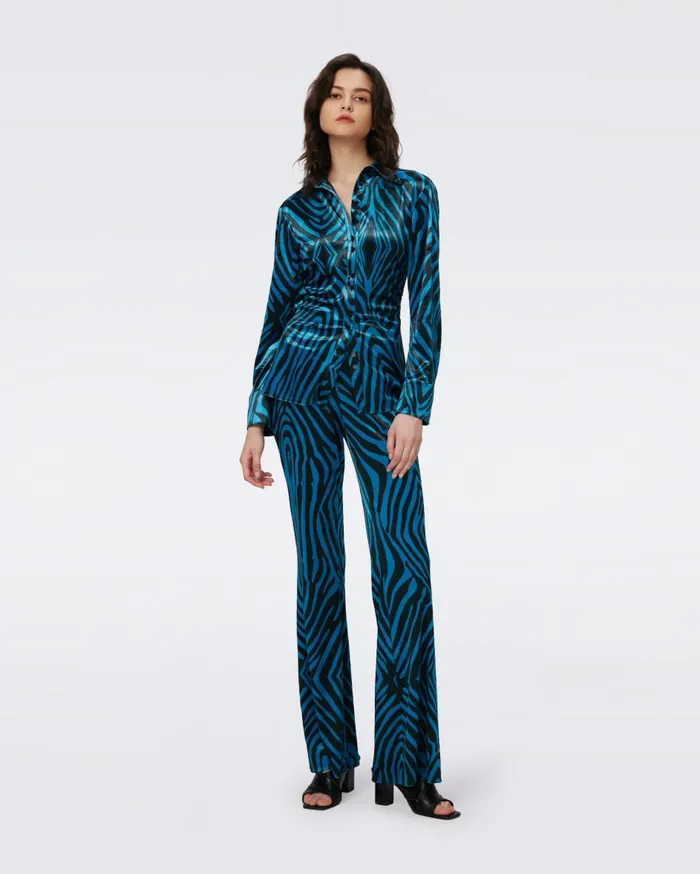 Women Ruthette Velvet Pants Huge Zebra Blue DVF Pants and Shorts