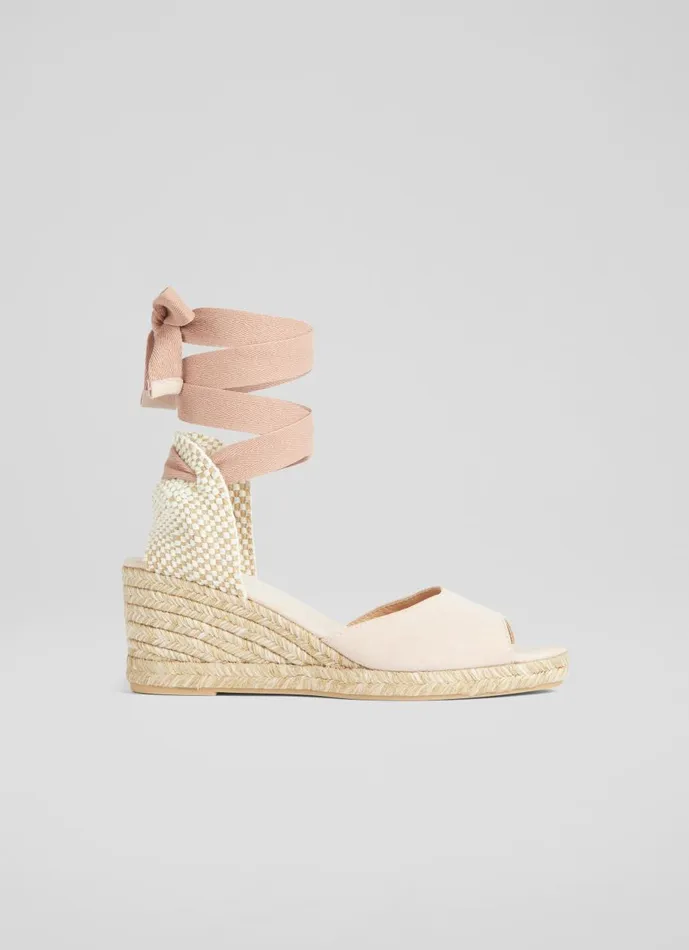 Women Sandals LKBennett Marianne Pink Suede Open Toe Espadrille Wedges Bubblegum