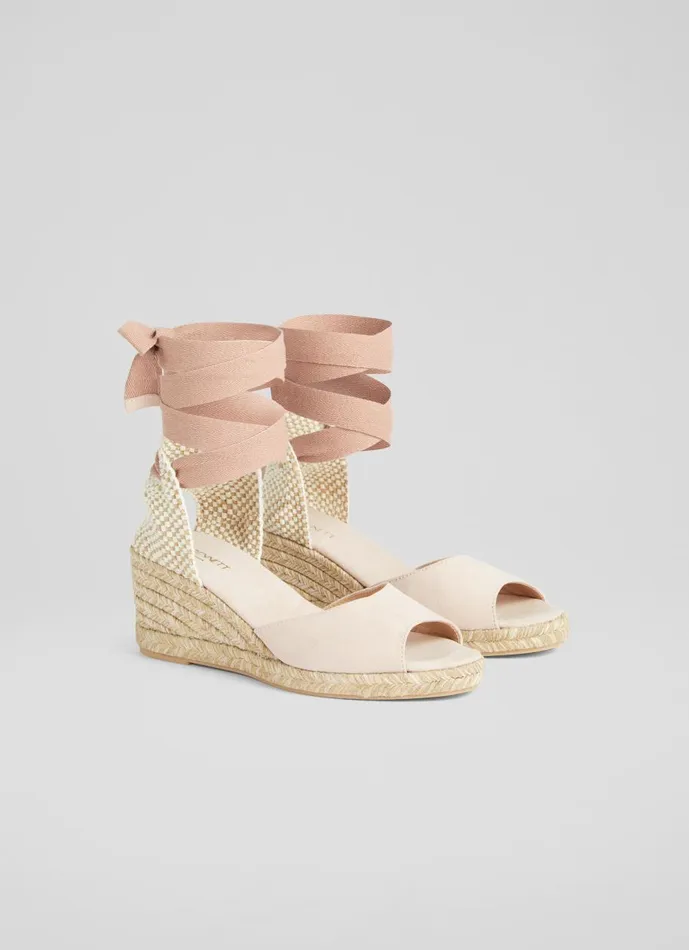 Women Sandals LKBennett Marianne Pink Suede Open Toe Espadrille Wedges Bubblegum
