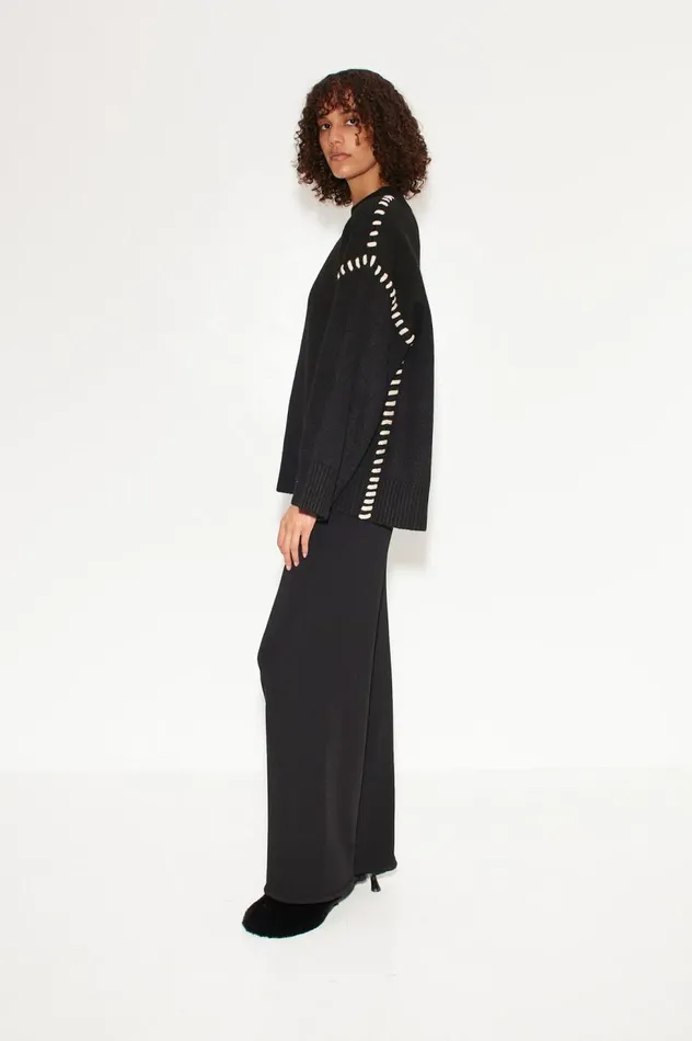 Women Simon Miller Sweaters Leith Whipstitch Knit Sweater In Black With Cream Women Simon Miller Sweaters Leith Whipstitch Knit Sweater In Black With Cream