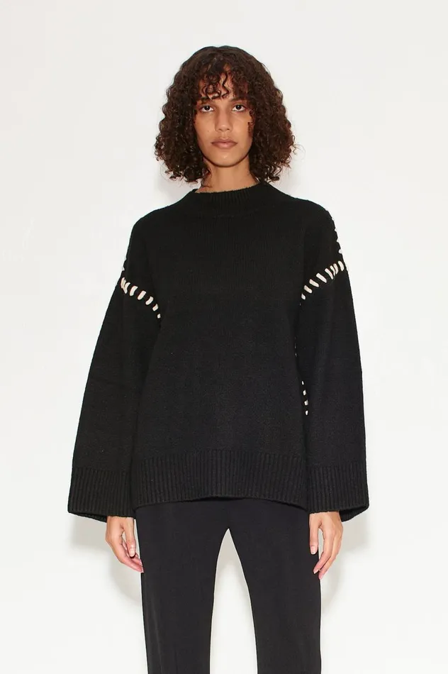 Women Simon Miller Sweaters Leith Whipstitch Knit Sweater In Black With Cream Women Simon Miller Sweaters Leith Whipstitch Knit Sweater In Black With Cream