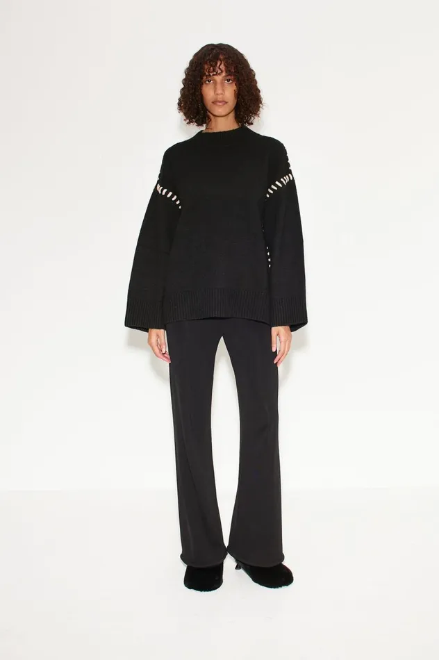 Women Simon Miller Sweaters Leith Whipstitch Knit Sweater In Black With Cream Women Simon Miller Sweaters Leith Whipstitch Knit Sweater In Black With Cream