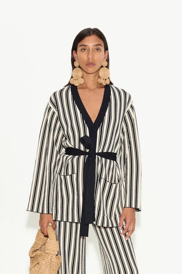 Women Simon Miller Sweaters Max Belted Knit Cardigan In BlackRice Flour Stripe Women Simon Miller Sweaters Max Belted Knit Cardigan In BlackRice Flour Stripe