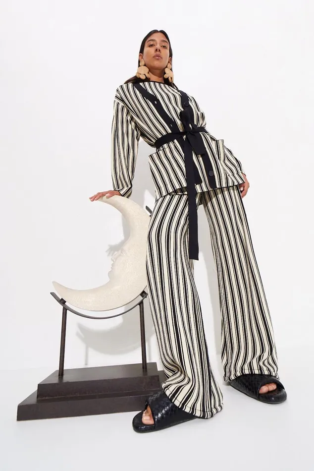 Women Simon Miller Sweaters Max Belted Knit Cardigan In BlackRice Flour Stripe Women Simon Miller Sweaters Max Belted Knit Cardigan In BlackRice Flour Stripe