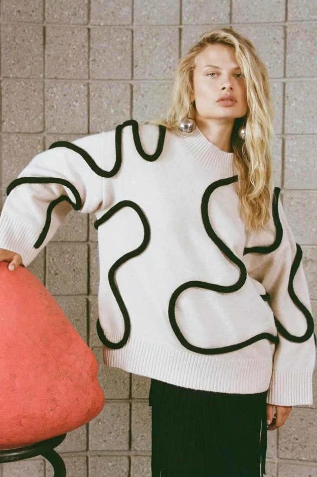 Women Simon Miller Sweaters Simon Miller Leith Squiggle Knit Sweater In CreamBlack Women Simon Miller Sweaters Simon Miller Leith Squiggle Knit Sweater In CreamBlack