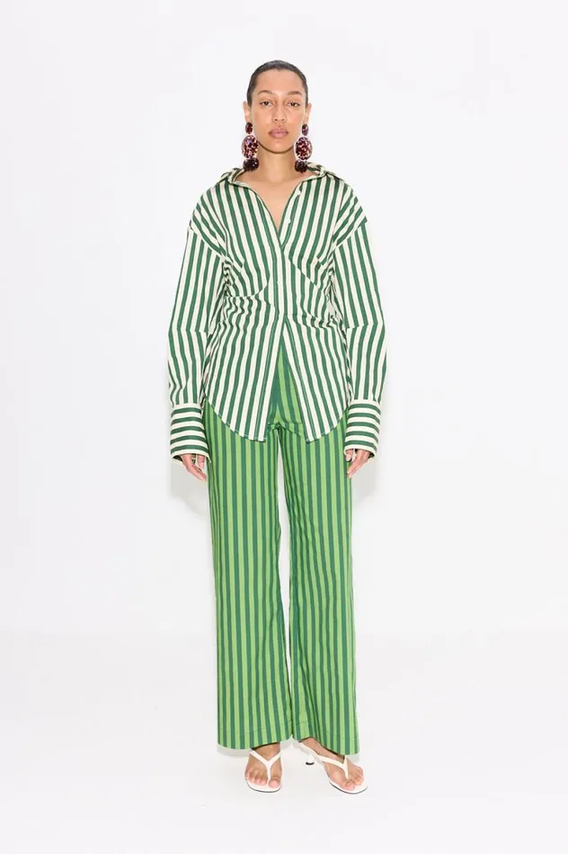 Women Simon Miller Tops Loch Striped Poplin Button Up In Gummy GreenEcru Cotton Women Simon Miller Tops Loch Striped Poplin Button Up In Gummy GreenEcru Cotton