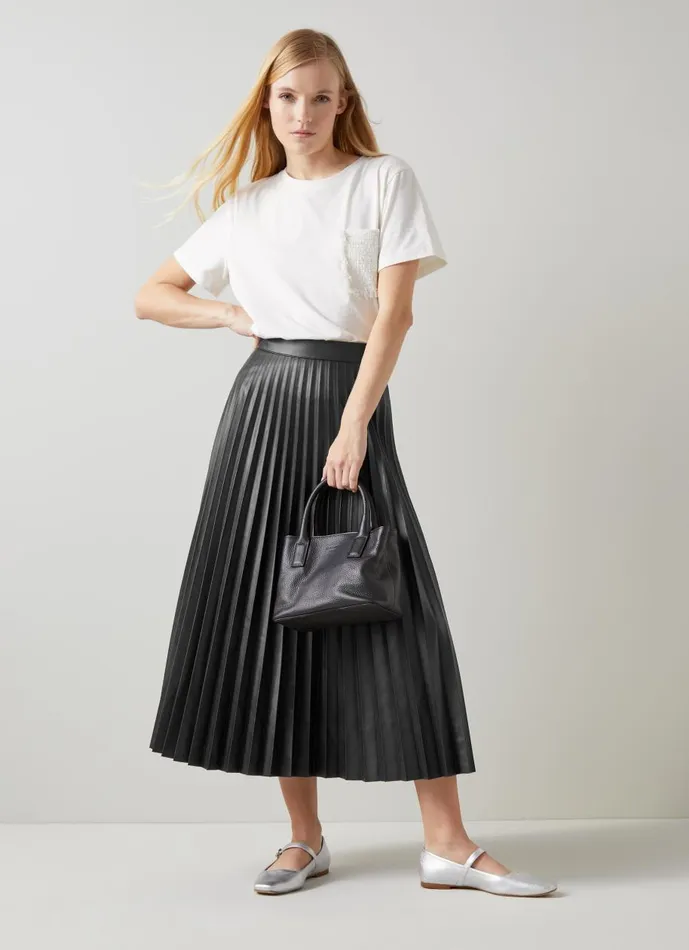 Women Skirts LKBennett Laurie Black Faux Leather Pleated Skirt Black