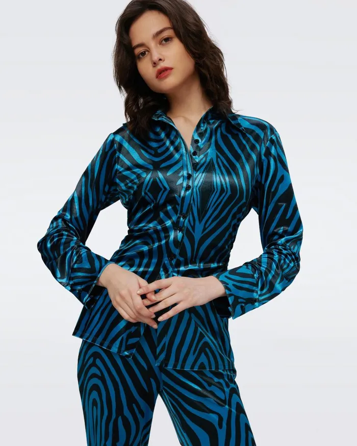 Women Soluck Velvet Top Huge Zebra Blue DVF Tops