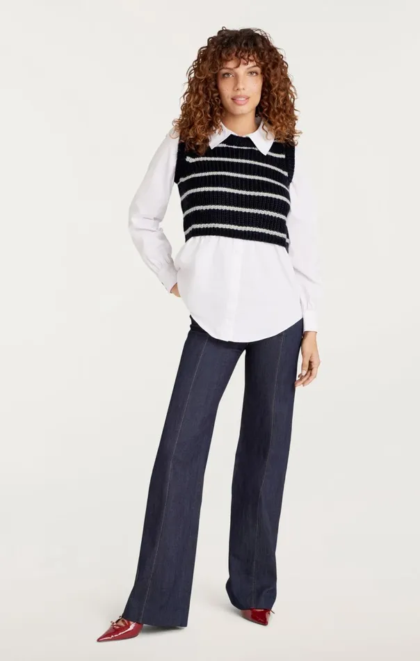 Women Striped Mara Shaker Pullover Navyivory Cinq Sept Sweaters and Knits