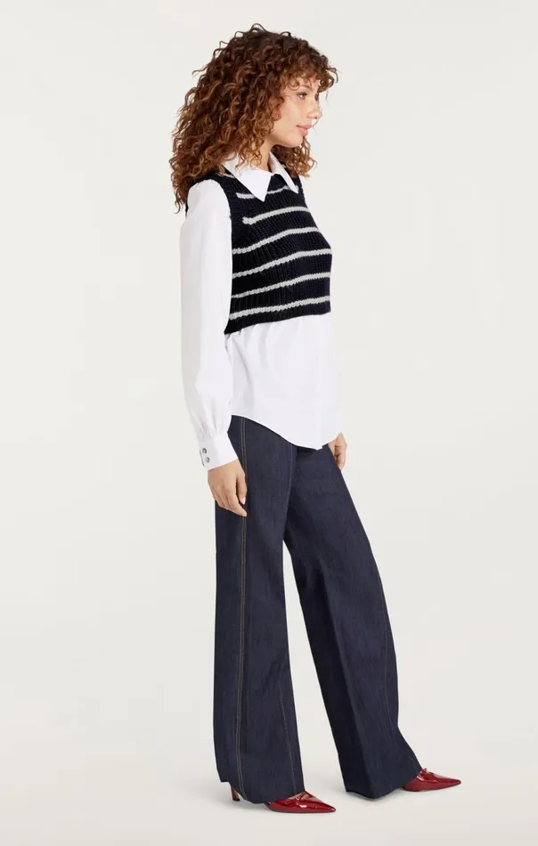Women Striped Mara Shaker Pullover Navyivory Cinq Sept Sweaters and Knits