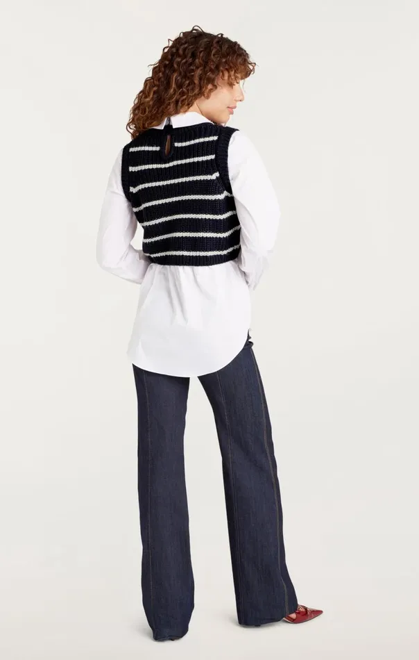 Women Striped Mara Shaker Pullover Navyivory Cinq Sept Sweaters and Knits