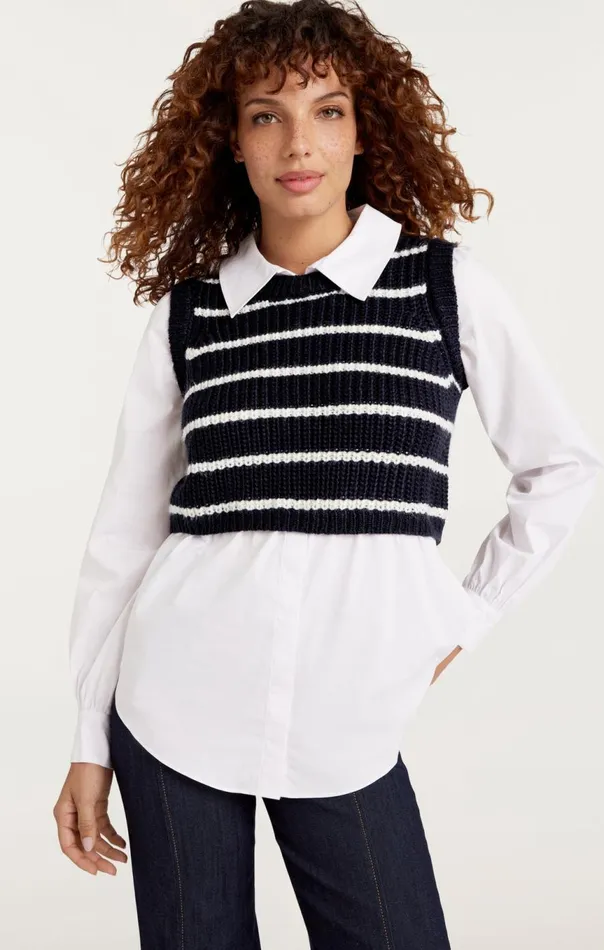 Women Striped Mara Shaker Pullover Navyivory Cinq Sept Sweaters and Knits