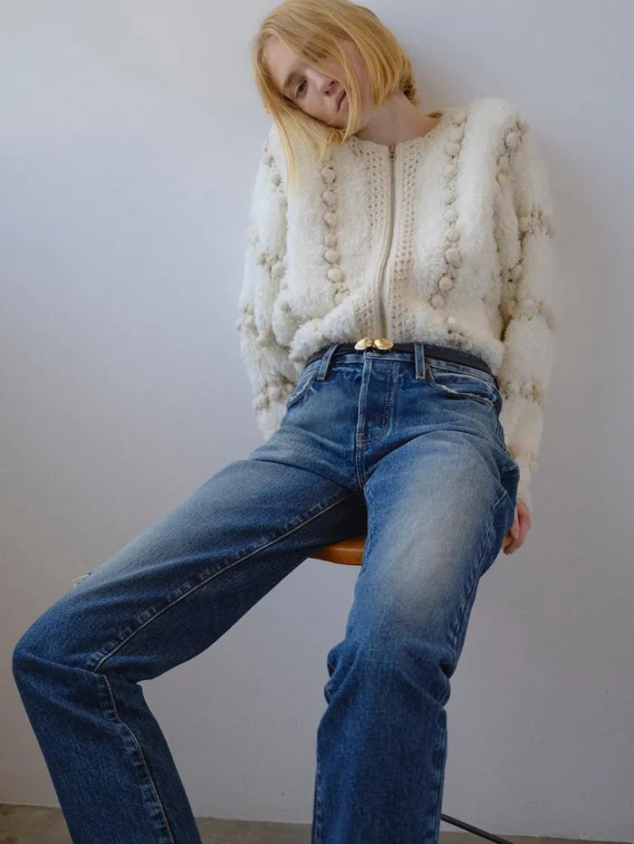 Women Sweaters FRAME Pom Pom Cardi 8212 Cream
