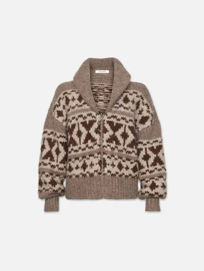 Women Sweaters FRAME Zip Up Fairisle Sweater 8212 Oat Marl