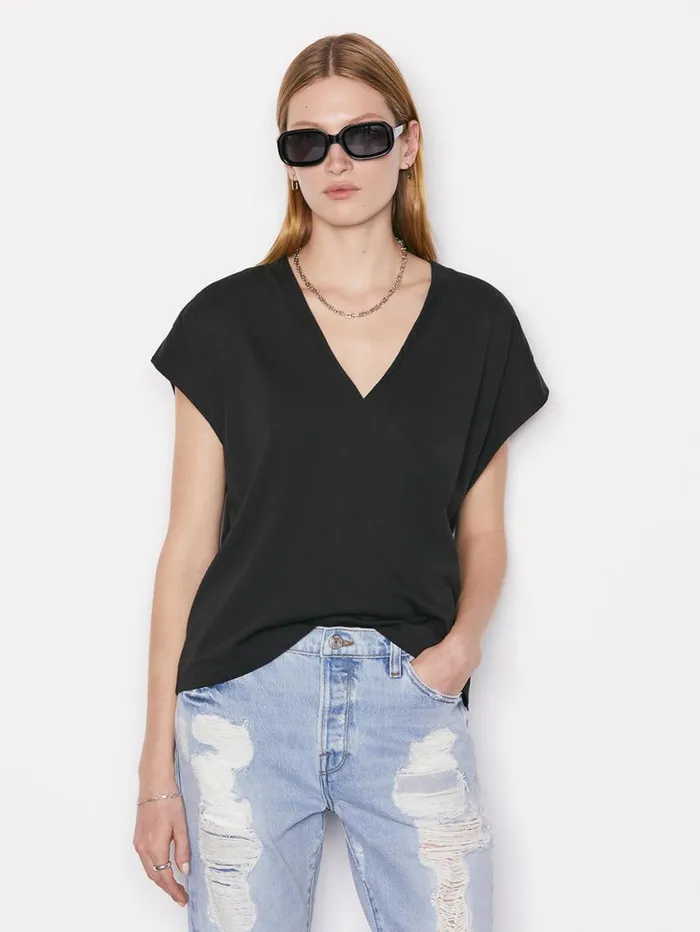 Women Tanks and Tees FRAME Le Mid Rise V Neck Tee 8212 Noir