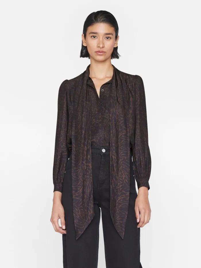 Women Tops and Blouses FRAME Femme Tie Neck Blouse 8212 Espresso Multi