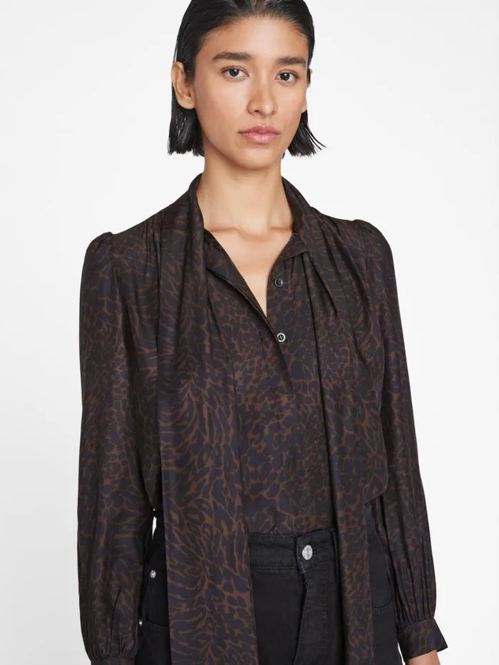 Women Tops and Blouses FRAME Femme Tie Neck Blouse 8212 Espresso Multi