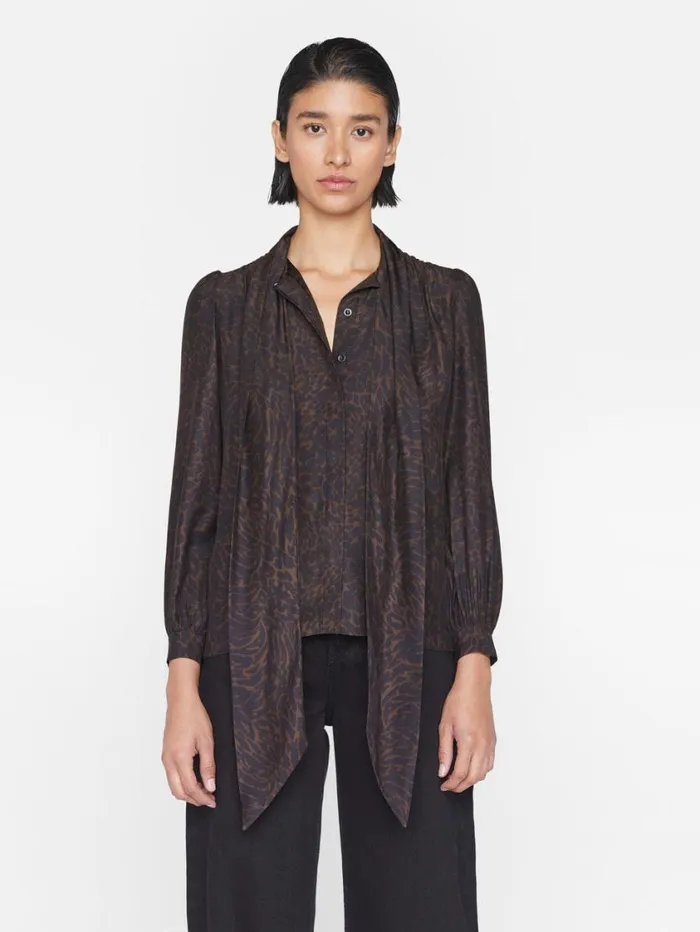 Women Tops and Blouses FRAME Femme Tie Neck Blouse 8212 Espresso Multi