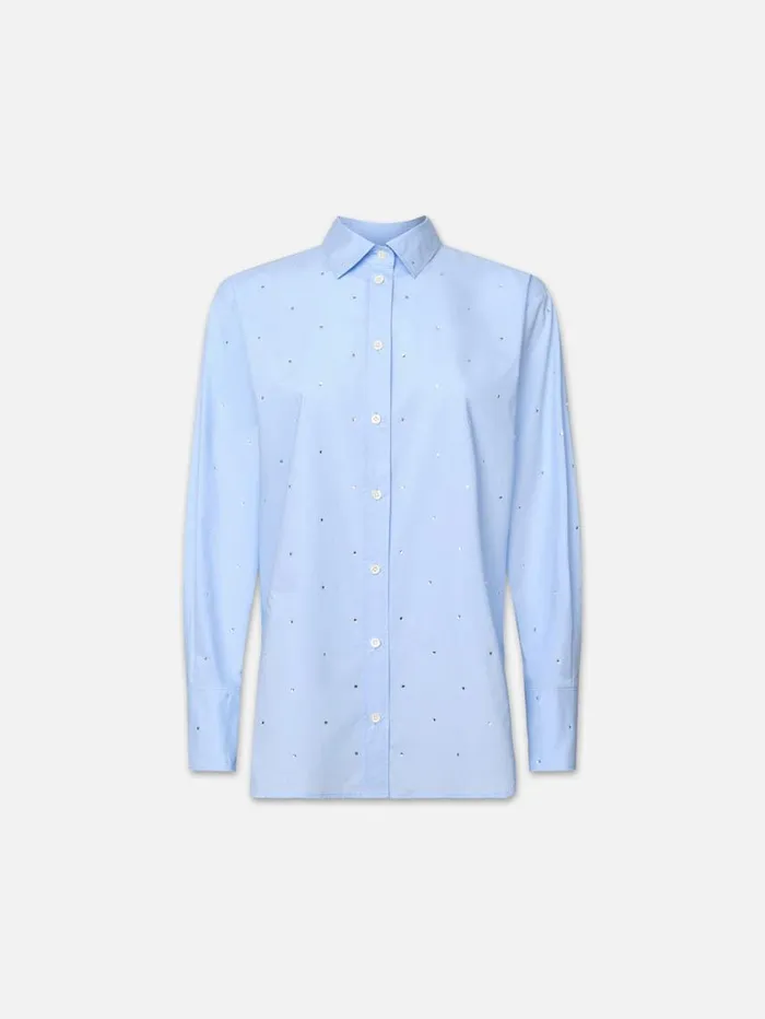 Women Tops and Blouses FRAME The Oversized Rhinestone Shirt 8212 Chambray