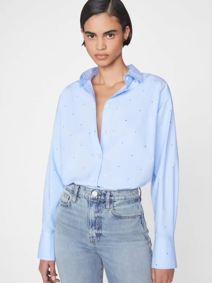 Women Tops and Blouses FRAME The Oversized Rhinestone Shirt 8212 Chambray
