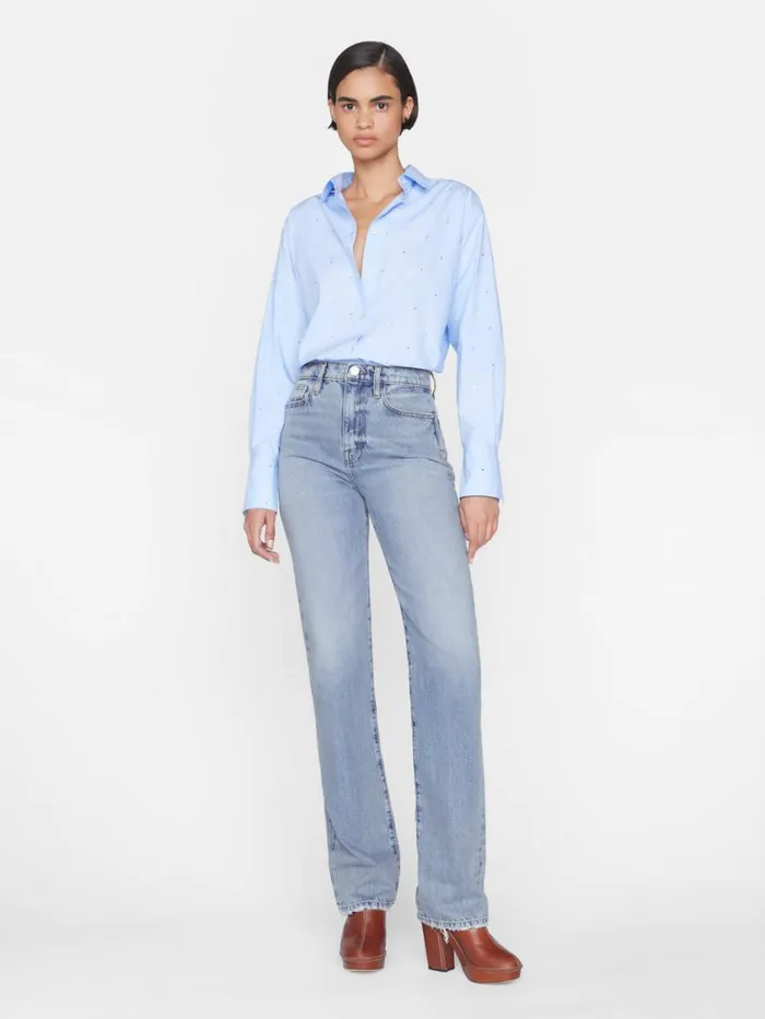 Women Tops and Blouses FRAME The Oversized Rhinestone Shirt 8212 Chambray