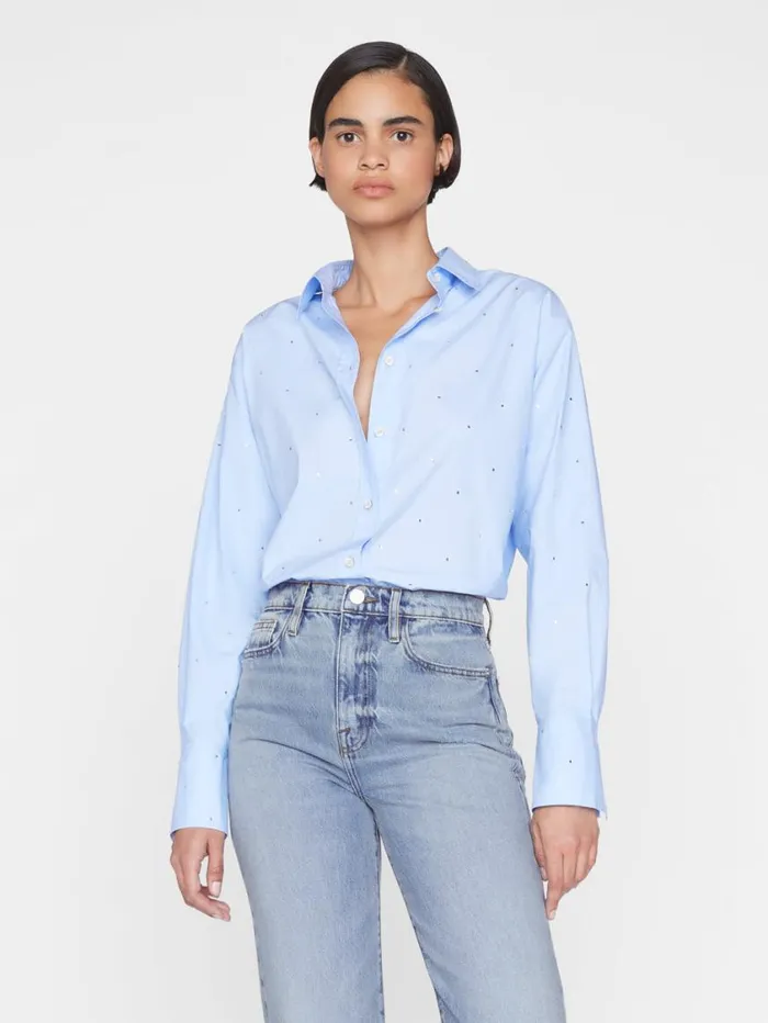 Women Tops and Blouses FRAME The Oversized Rhinestone Shirt 8212 Chambray