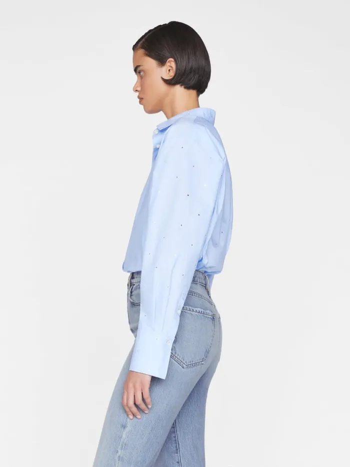 Women Tops and Blouses FRAME The Oversized Rhinestone Shirt 8212 Chambray
