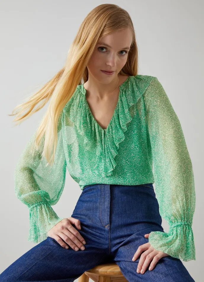 Women Tops LKBennett Annie Green And Cream Wiggle Print Blouse Green
