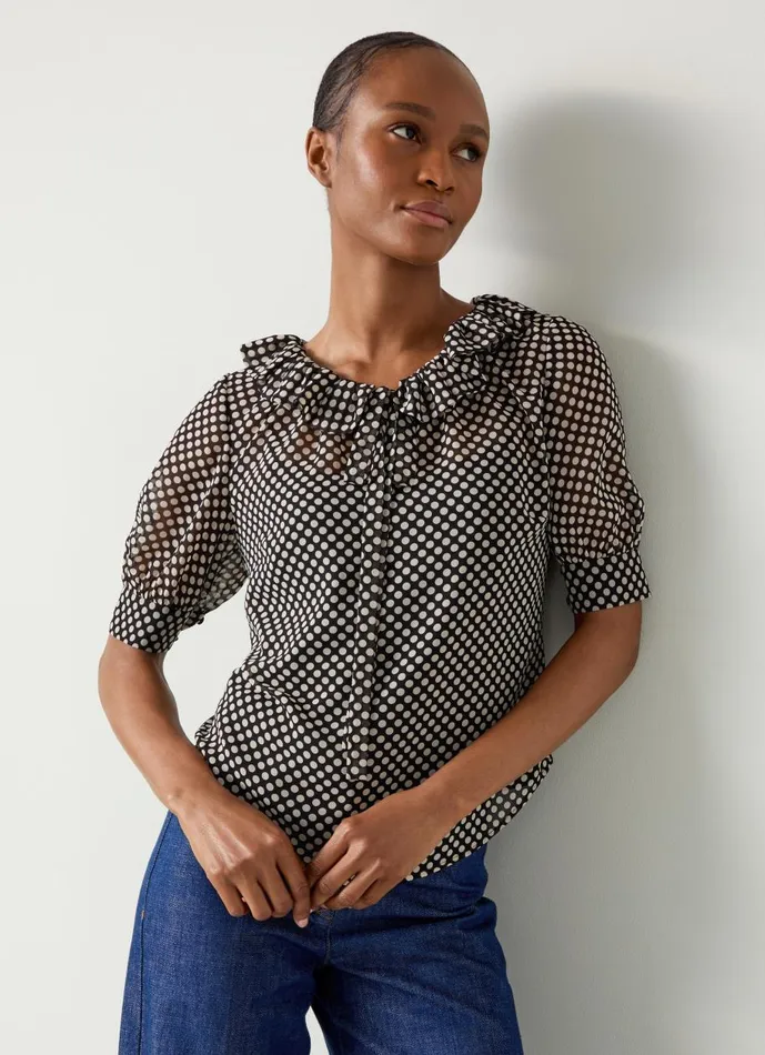 Women Tops LKBennett Coco Black And Ecru Polka Dot Blouse Black Cream