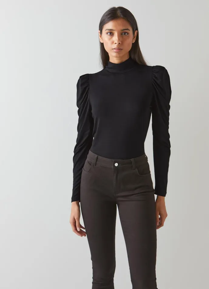 Women Tops LKBennett Cora Black Jersey Puff Sleeve Turtle Neck Top Black