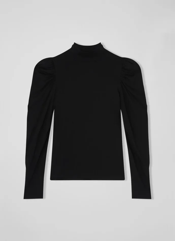 Women Tops LKBennett Cora Black Jersey Puff Sleeve Turtle Neck Top Black