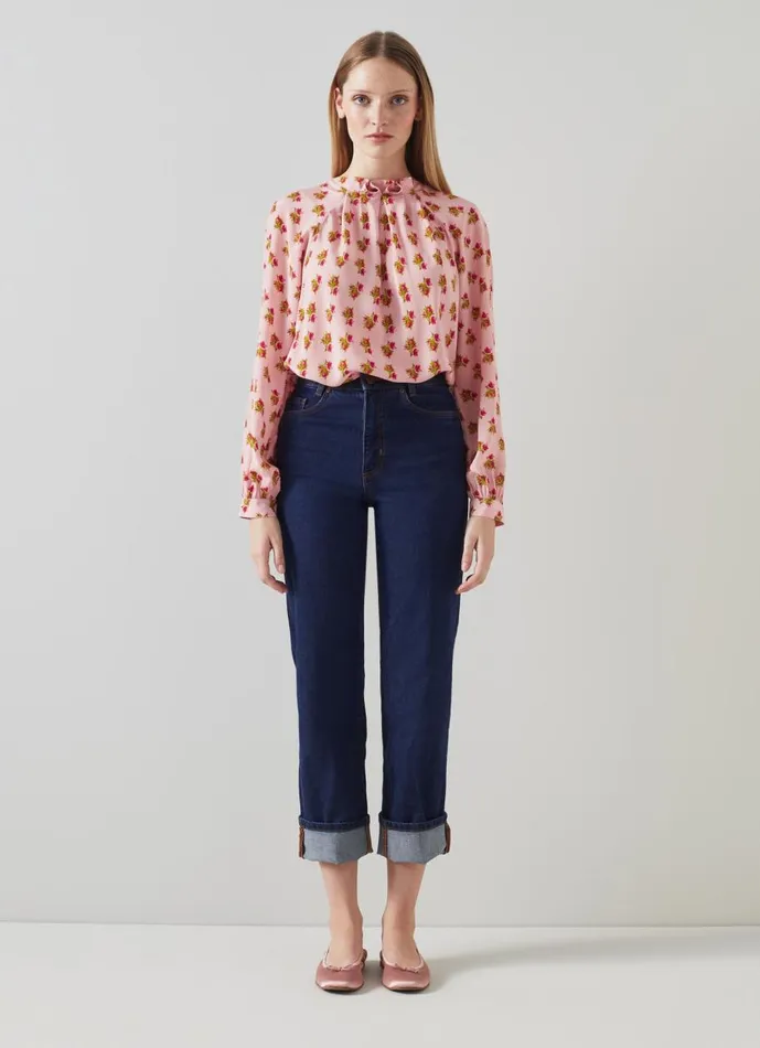 Women Tops LKBennett Edeline Pink And Red Rosebud Print Silk Top Pink