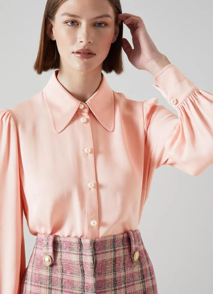 Women Tops LKBennett Sonya Pink Crepe Blouse Silver Pink