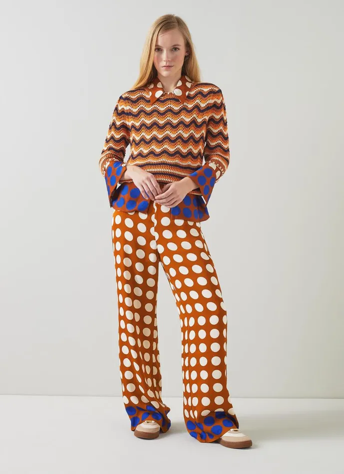 Women Trousers LKBennett Elise Caramel Cream And Blue Graphic Spot Trousers Multi